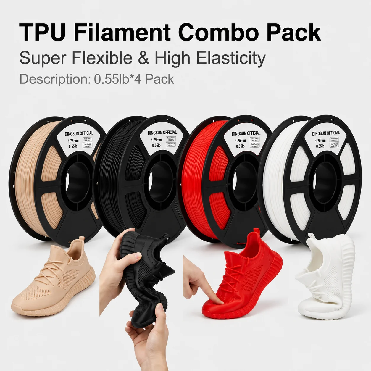 Filamento Flexível TPU 95A para Impressora 3D 1.75mm Alta Elasticidade Durável 200g 250g 500g 1kg Compatível com a Maioria das Impressoras 3D FDM