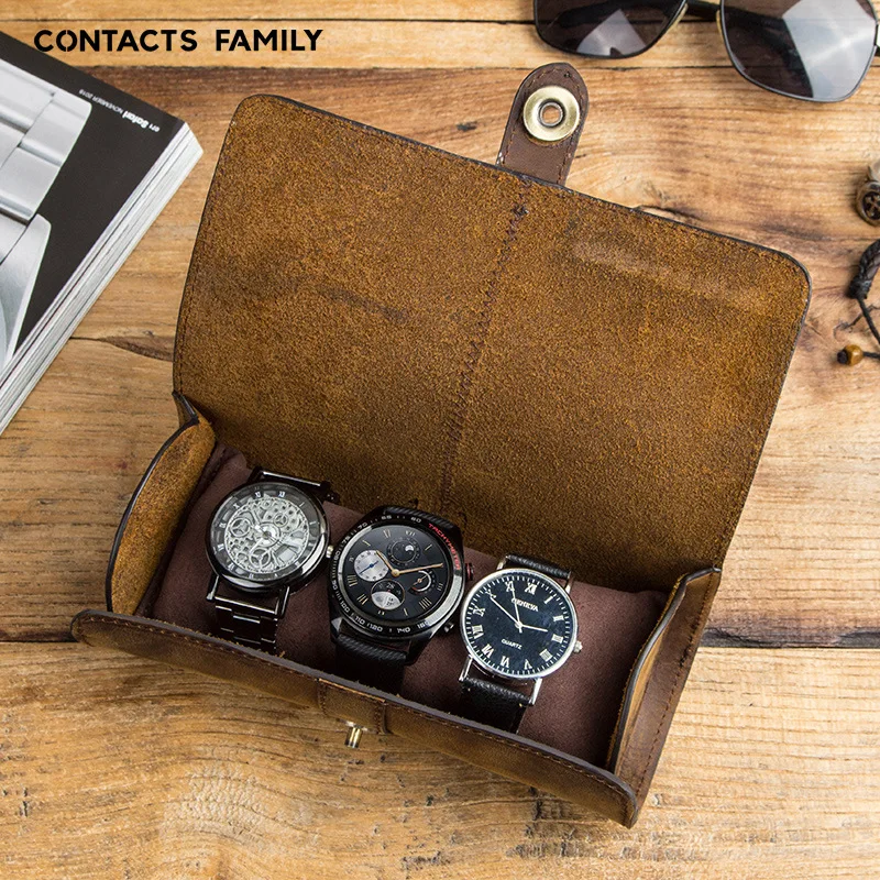 Luxury Vintage Crazy Horse Cowhide Cylindrical 3-Slot Watch Hang Travel Case Portable Brown Watch Box with Customizable Logo