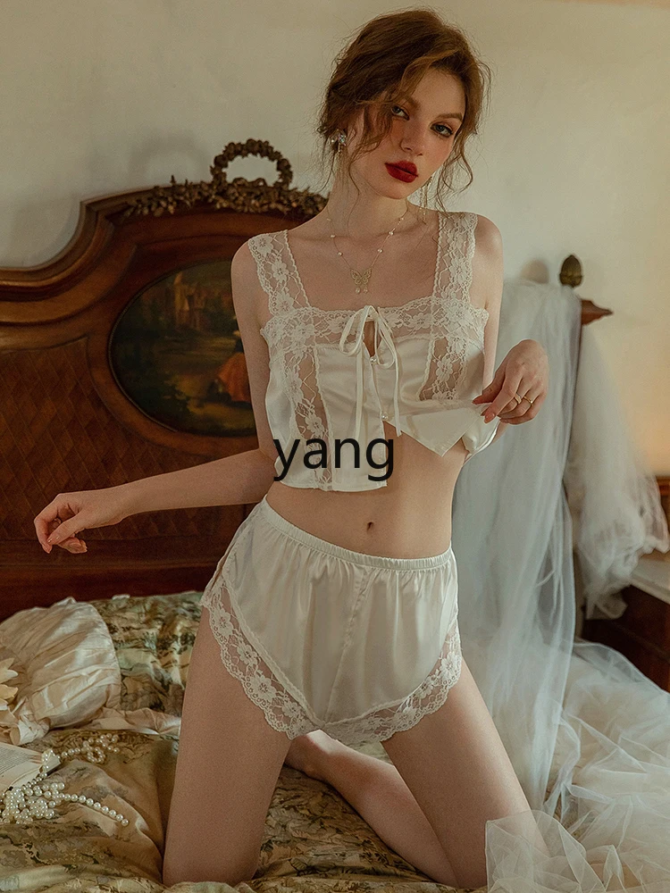 LMM summer three-piece set lace suspenders spring and autumn small chest set nightdress loungewear