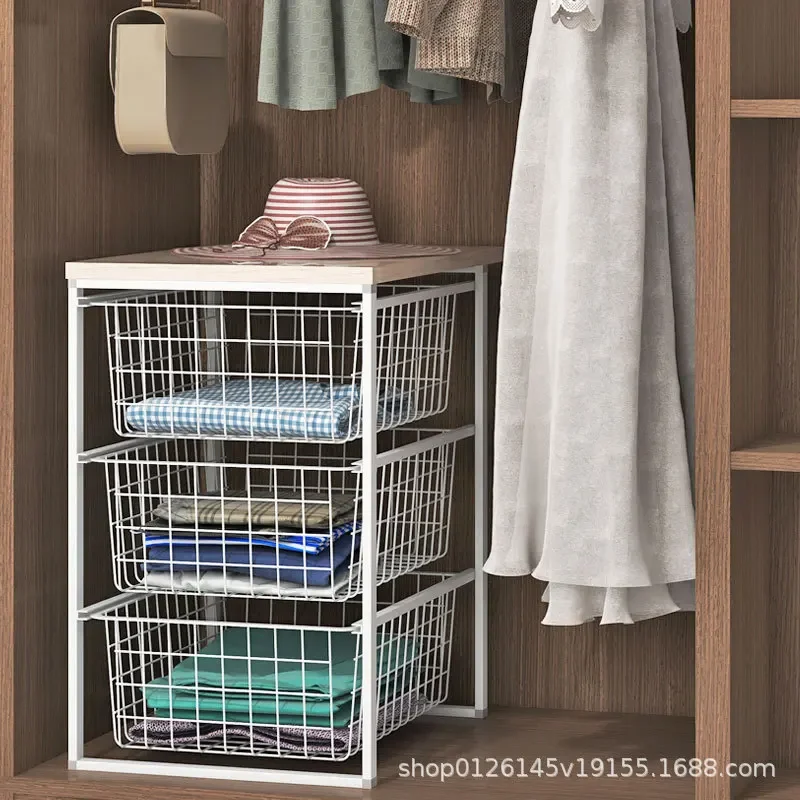 Wardrobe storage basket Wardrobe drawer type layered cabinet Floor metal rack baffle No punching Three-layer storage