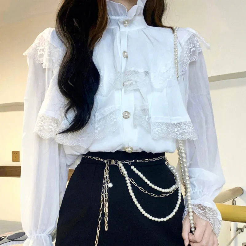 Women\'s Elegant Lace Ruffles Spliced Blouse Autumn New Fashion Female Clothing Sweet Half High Collar Solid Color Button Shirt