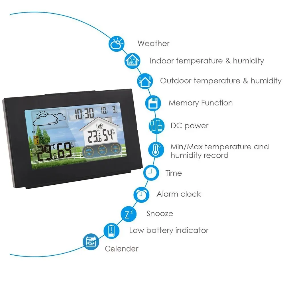 Wireless Weather Station Forecaster Indoor Outdoor Thermometer Hygrometer with Sensor Color Touch Screen Alarm Clock Calendar