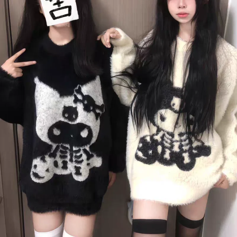 Sanrio Kuromi Halloween Style Knitted Sweater Couple Autumn Winter New Loose Knitwear Skull Decoration Y2k Cartoon Clothing Top