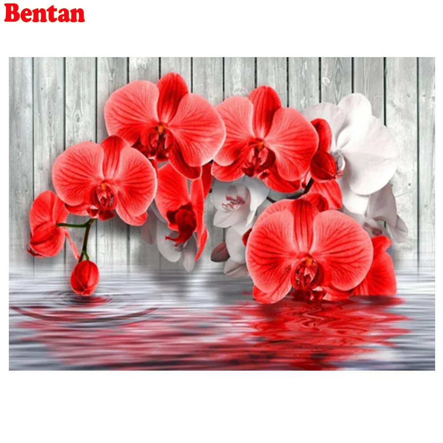 DIY 3D Diamond Embroidery Pattern Red and white orchid Diamond Painting Pictures of Rhinestones Diamond Mosaic Cross Stitch