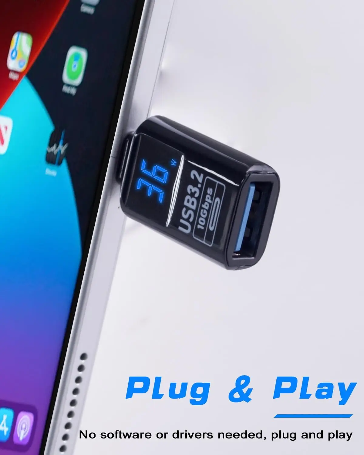 Paquete de 2 adaptadores USB C a USB A con pantalla digital LED, adaptador USB C macho a USB hembra de 10Gbps, USB C no direccional a USB 3.2