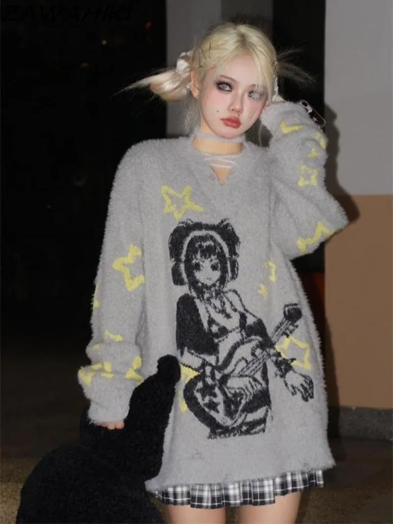 

Oversized Sweater Women Y2K Aesthetic V-neck Fashion Cartoon Jacquard Pullovers Fall Winter Loose Japanese Sweet Warm Knitwear