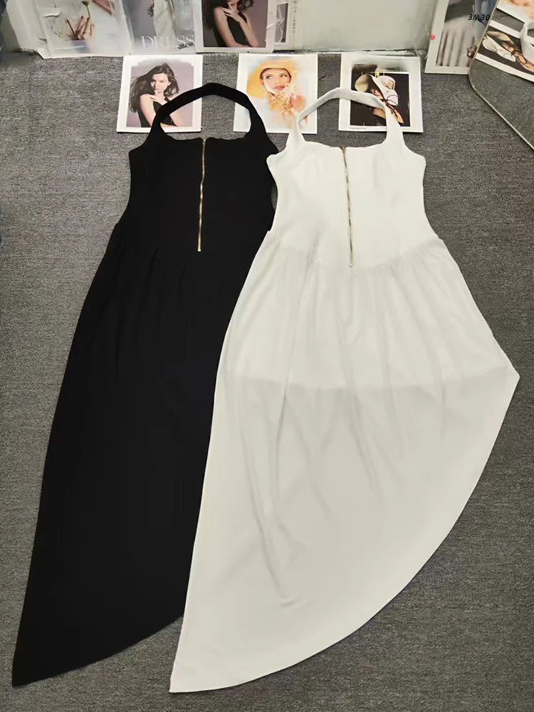 Abito halter senza maniche con spalle scoperte sexy in tinta unita Abito irregolare a pieghe sottile con cerniera moda donna estiva 2025