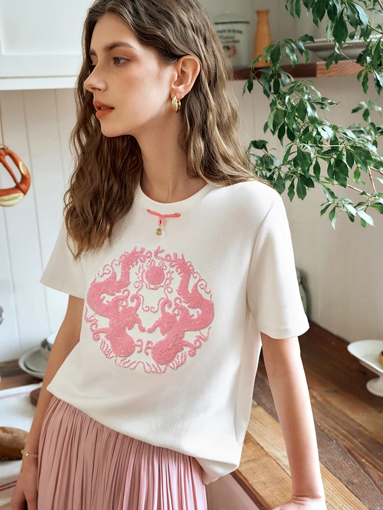 

OLrain Woman Sequin Embroidery Casual T-shirt 2025 Summer Chinese Luxury Straight Short Sleeve Commute Ladies ClothingO24XT89803