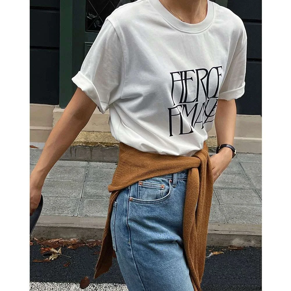 

Evertrue Women's Cotton T-irt Letter Print round Ne ort Sve round Hem Autumn New Sle Comfortable Breathable Casual...