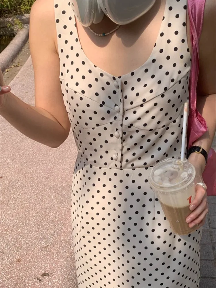 Vintage Long Tank Dress for Women Summer Sleeveless Polka Dot Slim Fit Sleeveless Sundress Female 2024 French Style