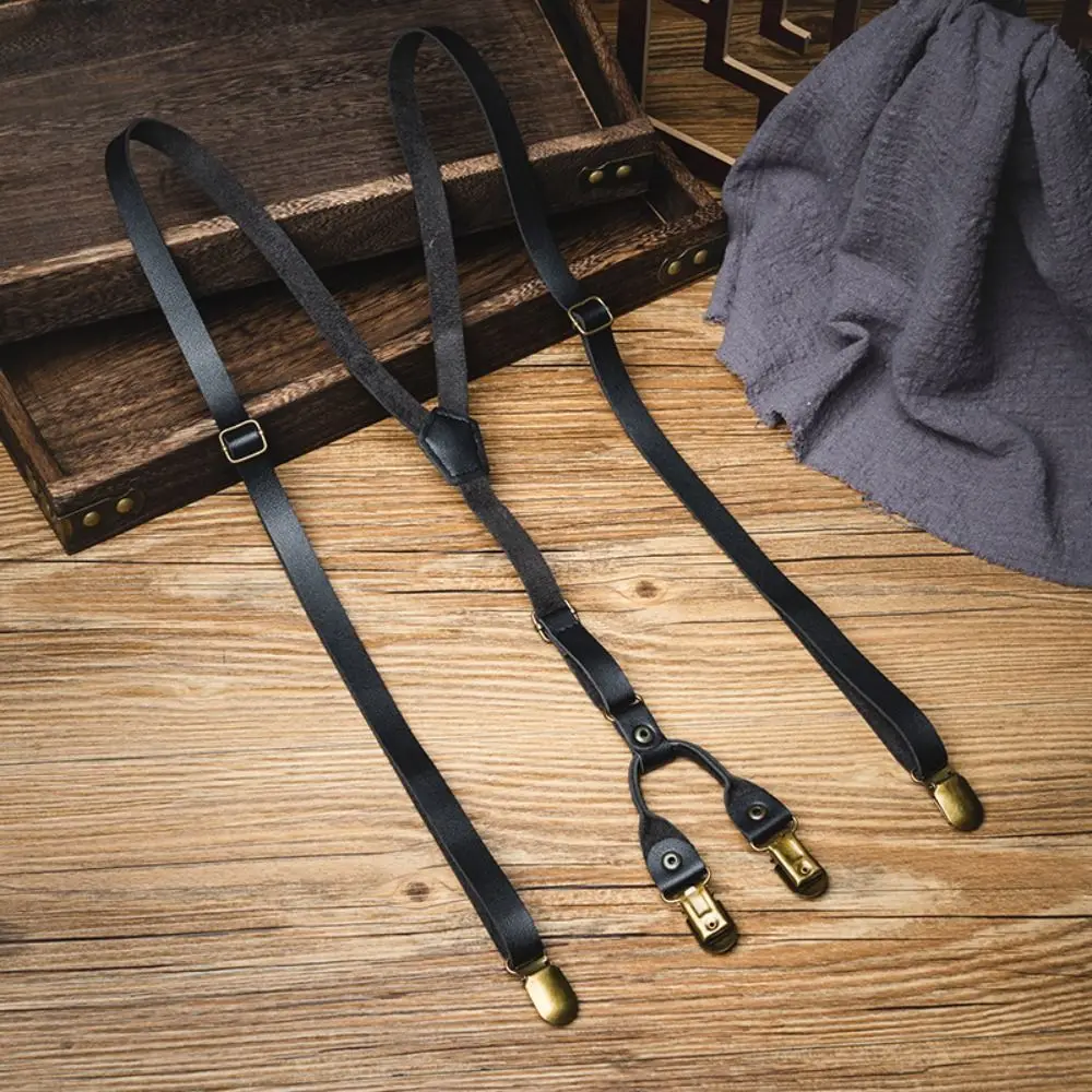 Fashion 1.5CM Suspender untuk pria, Suspender kulit Retro hitam klip logam Anti selip klip Suspender Pria