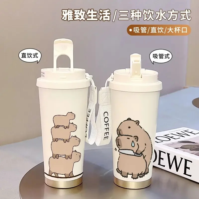 

Large Capacity Capybara Kids School Students Drink Cup with Straw Stainless Steel Insulated capybara Water Bottle for Children