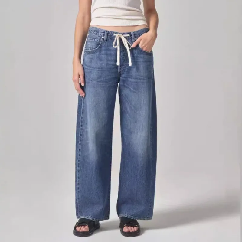 

Повседневные свободные широкие джинсы, женские джинсовые брюки на шнурке