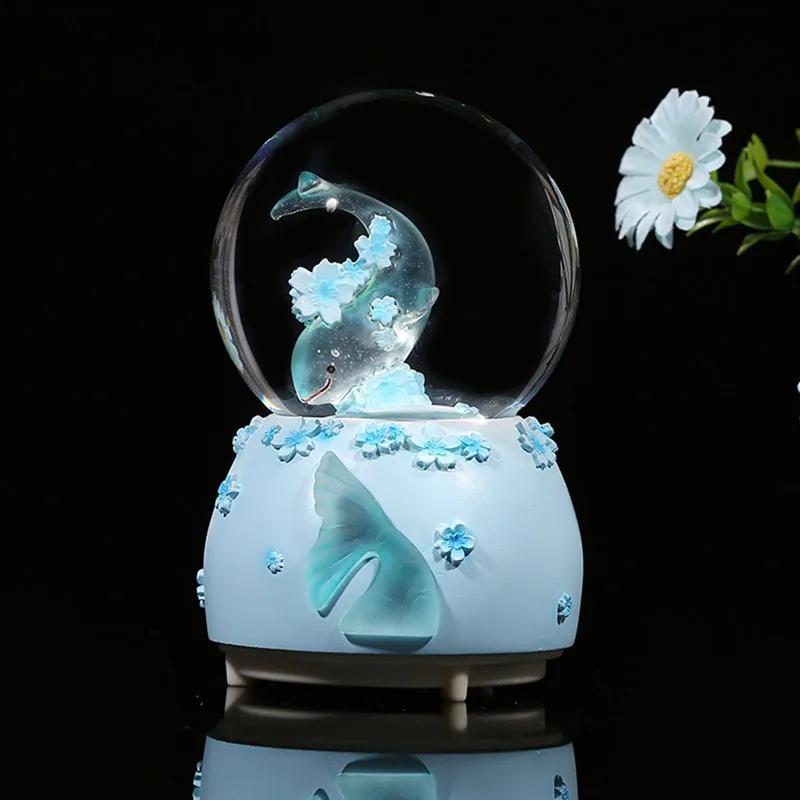 Resin Base Glass Crystal Ball Pink Transparent Whale Illumination Snow Globe With Music Children Bedroom Desktop Decor 스노우볼