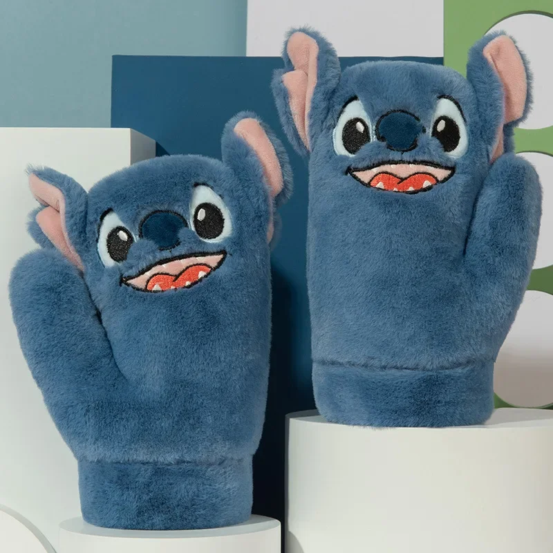 Disney Stitch Warm Plush Gloves For Women Men Autumn Winter Thick Mittens Prevent Frostbite Cartoon Warm Soft Full Finger Gloves