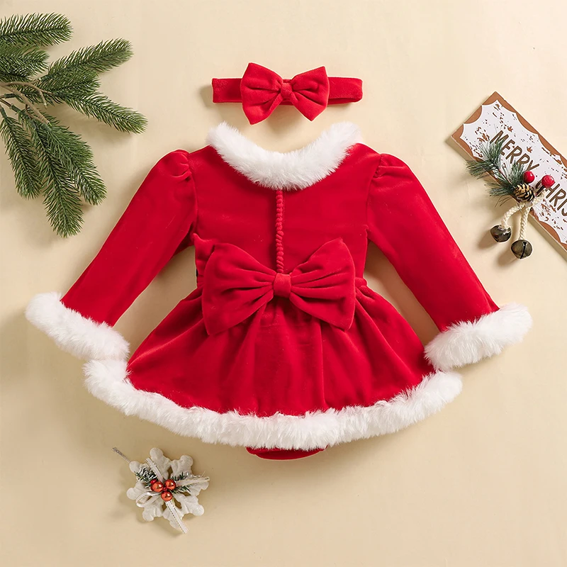 Baby Girls Rompers Dress Christmas Clothes Velvet Patchwork Skirt Hem Long Sleeve Toddler Fall Bodysuits with Headband