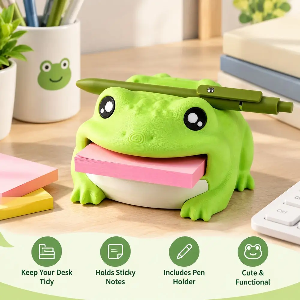 Cute Frog Shape Frog Desk Organizer 3D Sculpted Details Matte Finish Memo Holder Sticky Note Compartment Rounded Pen Holder