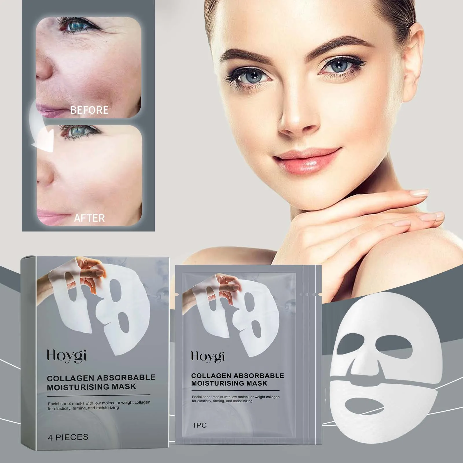 Collagen Face Mask Hydrating Shrinking Pores Fade Fine Lines Sheet Mask Korean Skin Care Moisturizing Refreshing Hyaluronic Acid