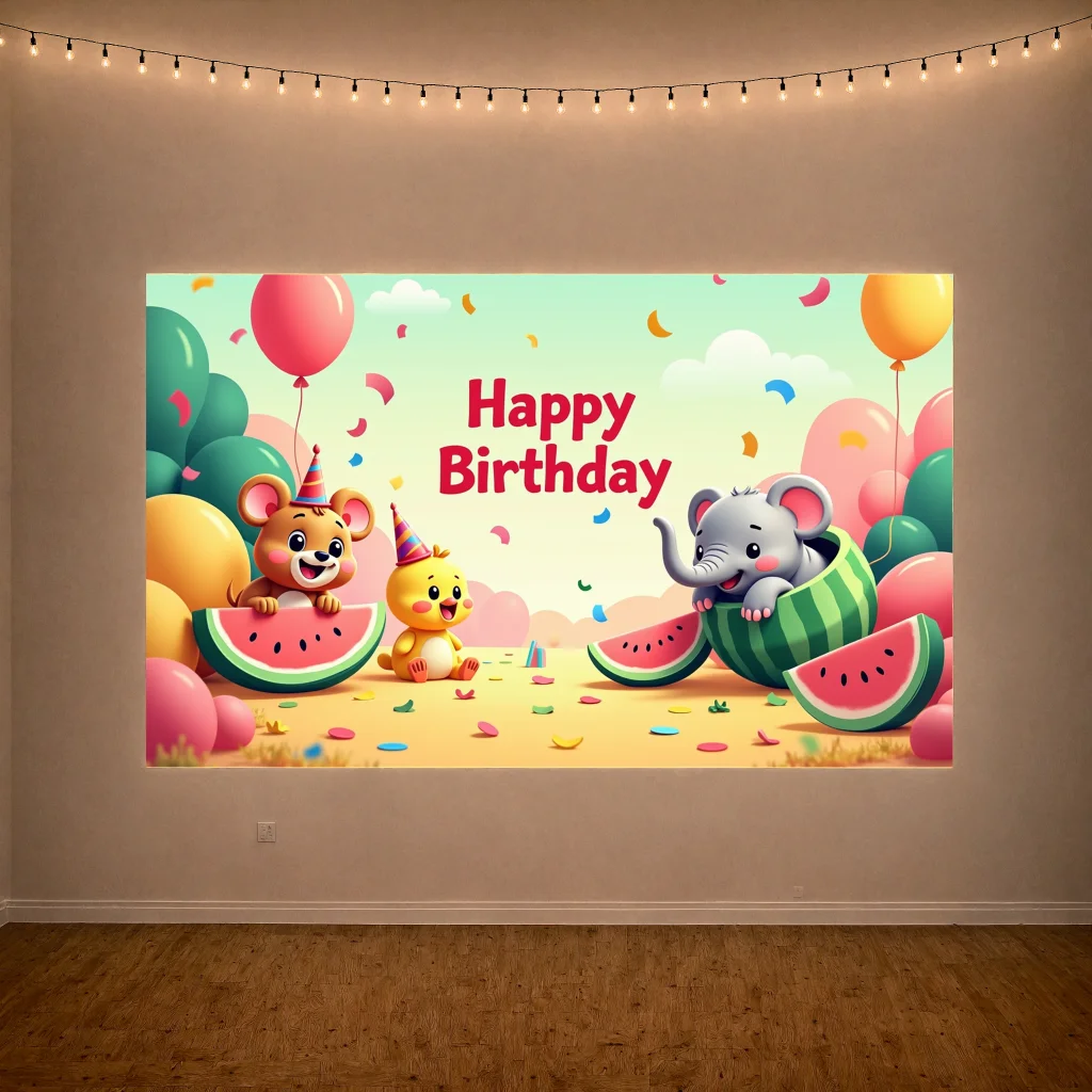 Kids Birthday Banner Backdrop Decoration Playful Animal Cartoon Design Celebration Banner Colorful Balloon Confetti Background