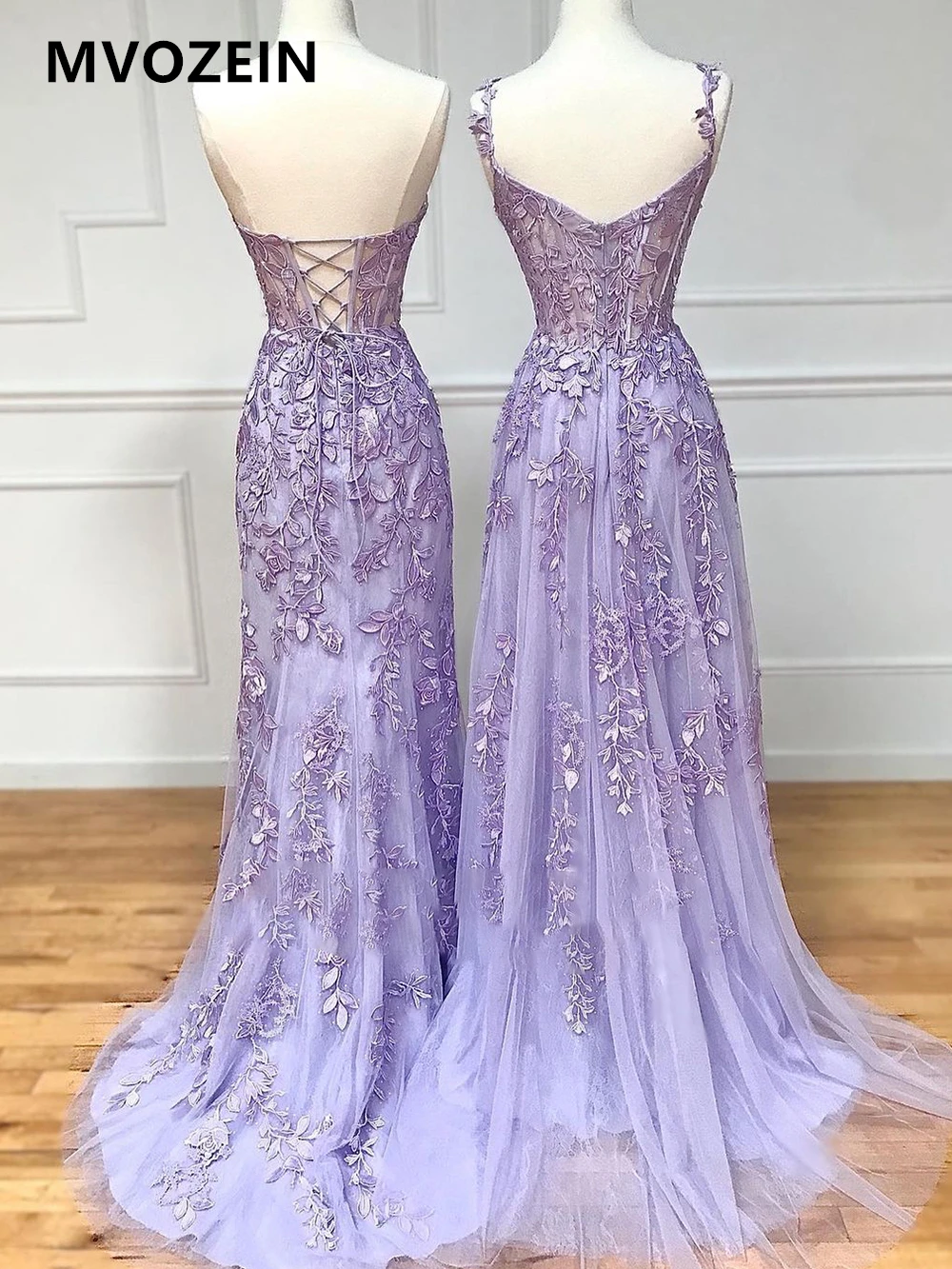 Lilac Prom Dresses 2023 Sweetheart Spaghetti Strap A-Line Transparent Top Lace Appliques Black Girl Party Formal Occasion Dress