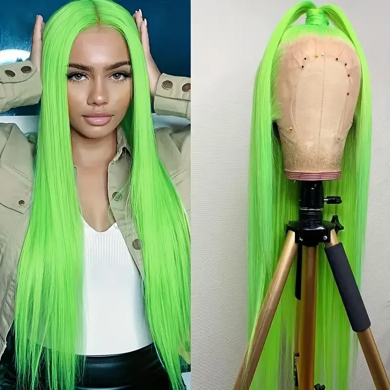 

【Ультимальный комфорт и стиль】Неоново-зеленый синтетический парик — ультрамягкий и дышащий для ношения на весь день | Пушистые прямые волосы Ежедневное развлечение