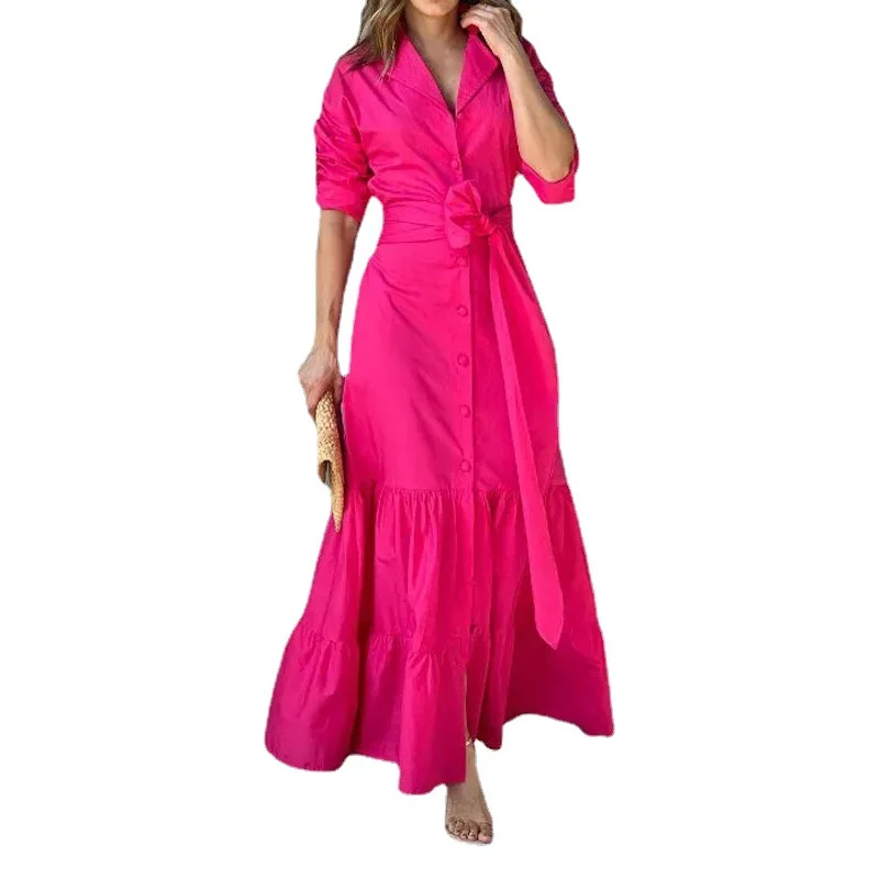 Elegante Vestido largo de manga larga para mujer, cárdigan de cintura que combina con todo, temperamento de moda, Color sólido, novedad de verano 202