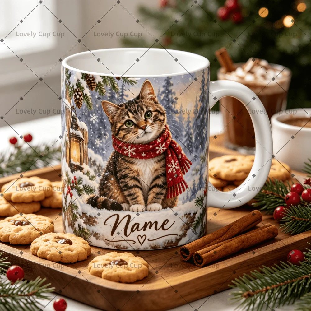 2D Flat Printing 1pc 11oz Custom Name Christmas Tabby Cat Mug, Christmas Home Gift For Cat Lover, Hand Wash Only Microwave Safe