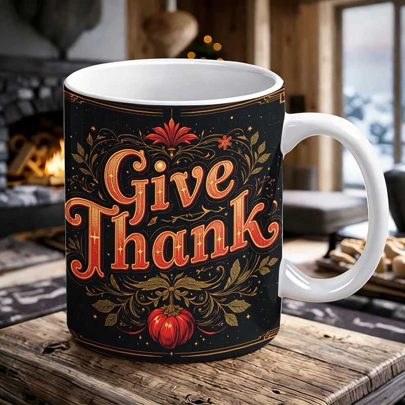 

11 oz 'Give Thanks' pumpkin handle ceramic mug, full-print design coffee cup, insulated milk cup,office water cup,fade-resistant