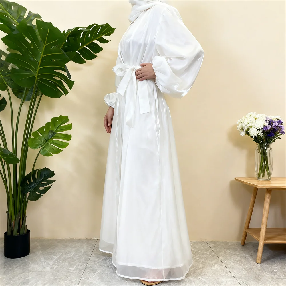 Eid Ramadan femmes musulmanes brillant Satin ouvert Abaya manches bouffantes ceinture Kimono islamique Jalabiya Maxi Robe Robe Cardigan robes