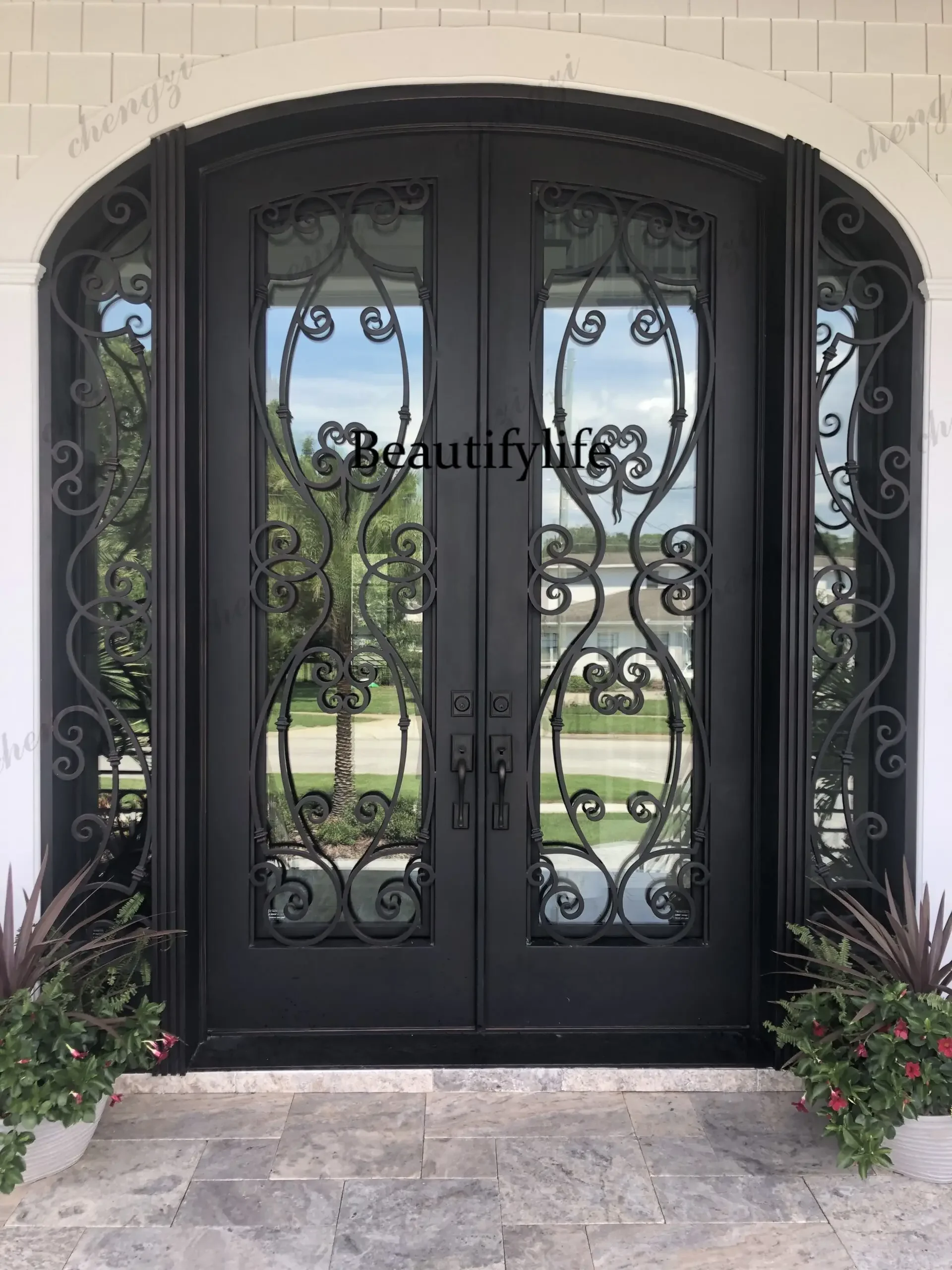 Y136  Customization High Quality Iron Front Door Design Arch Top Double Iron Door Designs Wrought Iron Door With Sidelights