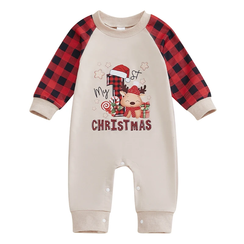 

Baby Girl Boy Christmas Romper Paid Print Long Sleeve Crew Neck Reindeer Pattern Full Length Jumpsuit Overalls