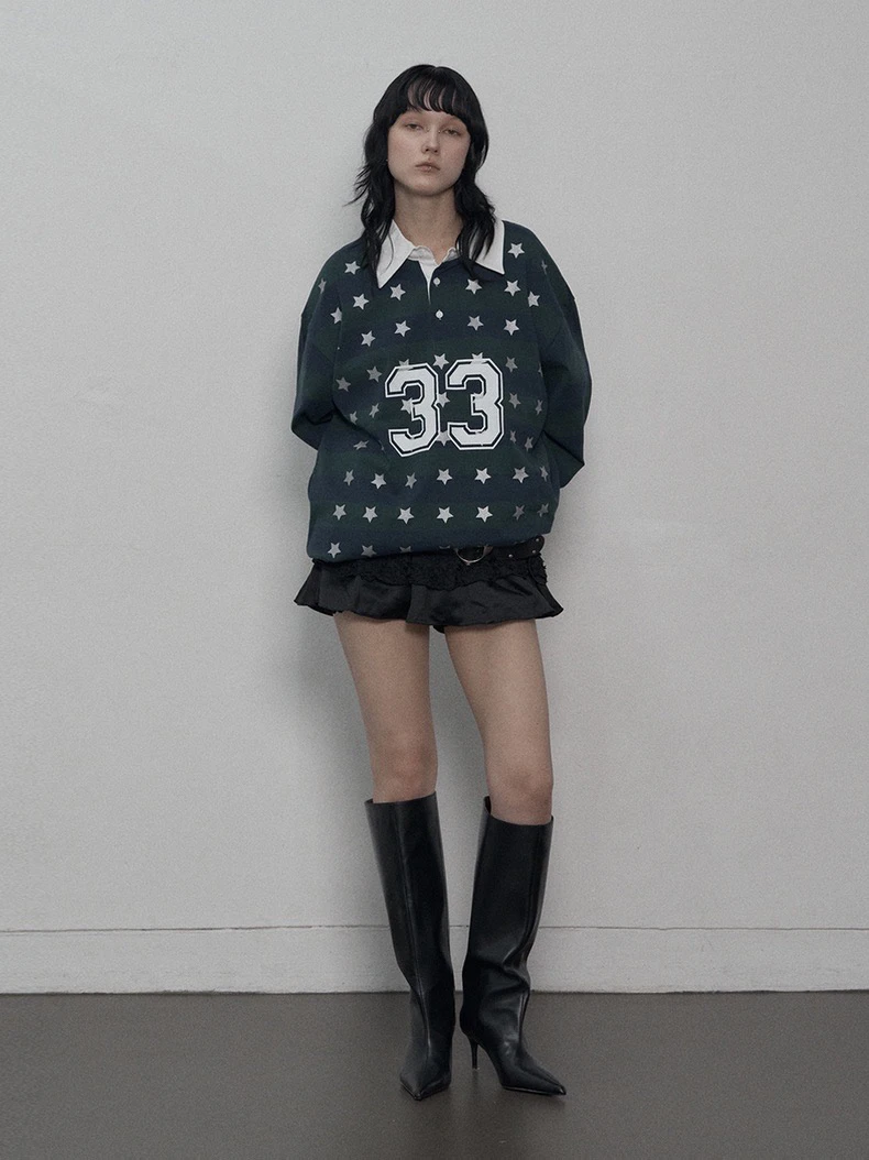 เสื้อสเวตเชิ้ตผู้หญิงลายทางสไตล์อเมริกันทรงหลวม แขนยาวปานกลาง ผ้าฝ้าย