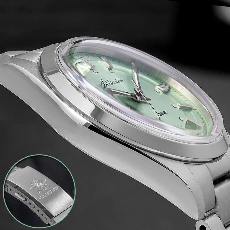 ADDIESDIVE Mens Quartz Watch 36mm VH31 Movement Bubble Glass Anti Scratch Blue Luminous Dial 316L Stainless Steel100M Waterproof