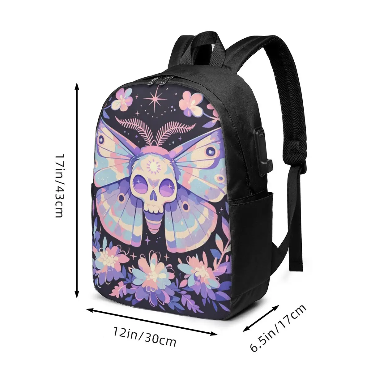 Mystical Gothic Skull Moth And Flower Backpack Travel Notebook Bag Computer College Student School Bag Laptop Shoulder Bags
