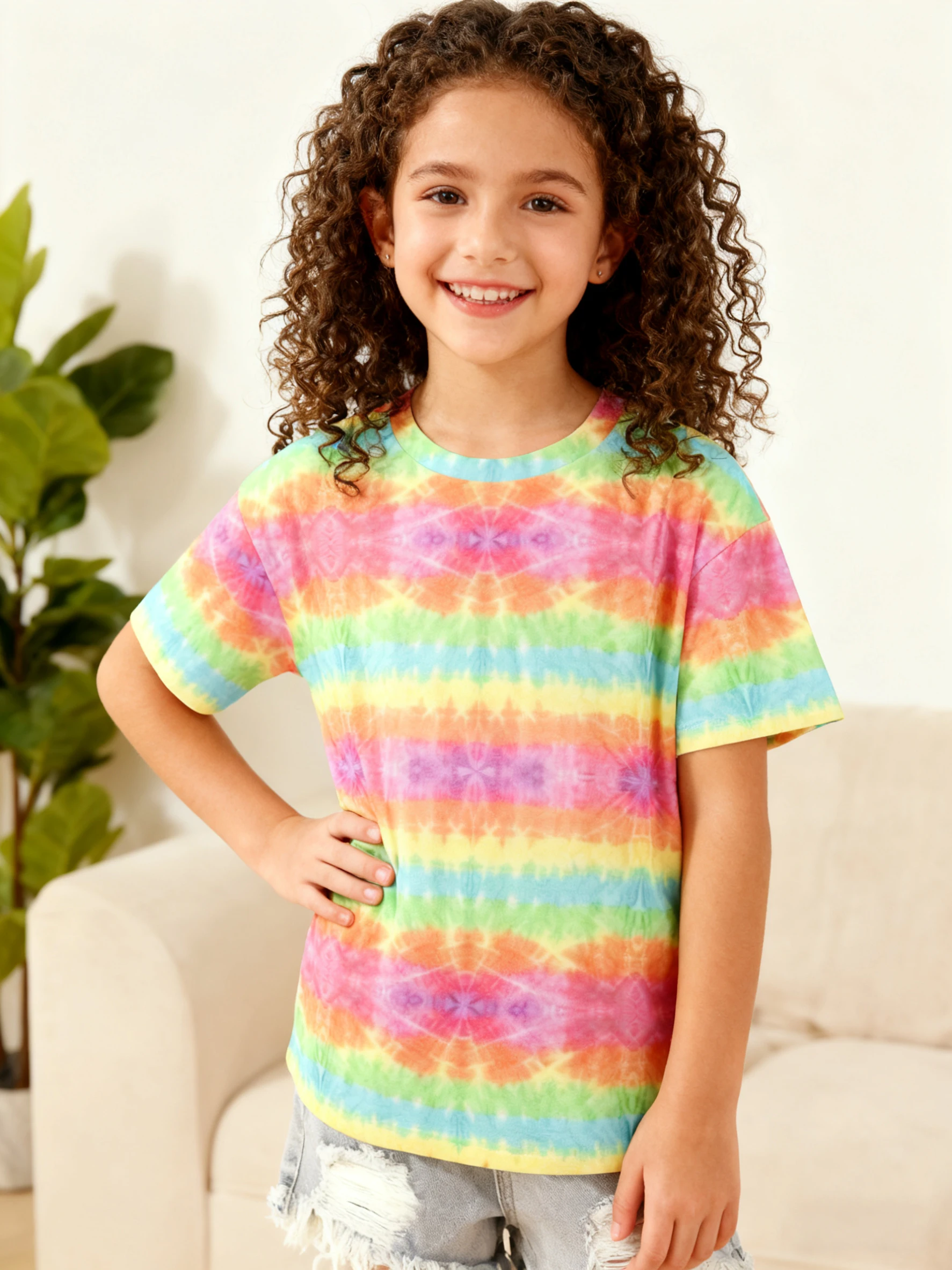 Trendy tie-dye printed children's T-shirt, eye-catching colorful patterns, super soft fabric