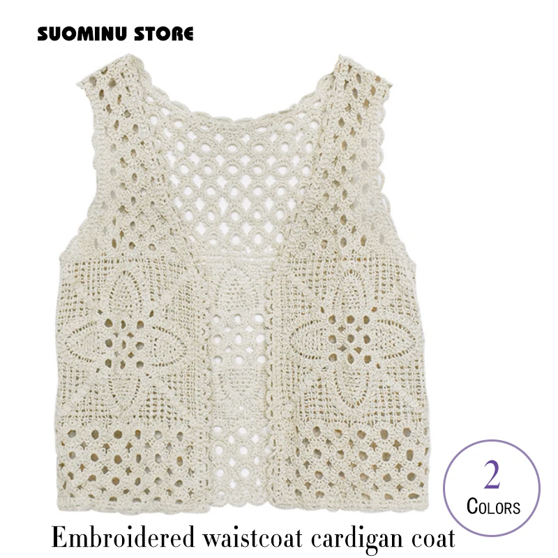 Women\'s All-match Sleeveless Hollow Out Tank Top Solid Color Short Knitted Waistcoat Crochet Cardigan Sweater Vest Women Outwear