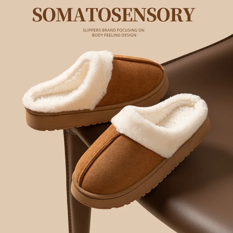 Women's Fluffy Slippers New Plush Warm Platform Shoes For Winter Indoor Heelless Semi-slippers Outdoor Non-slip Cotton Shoes