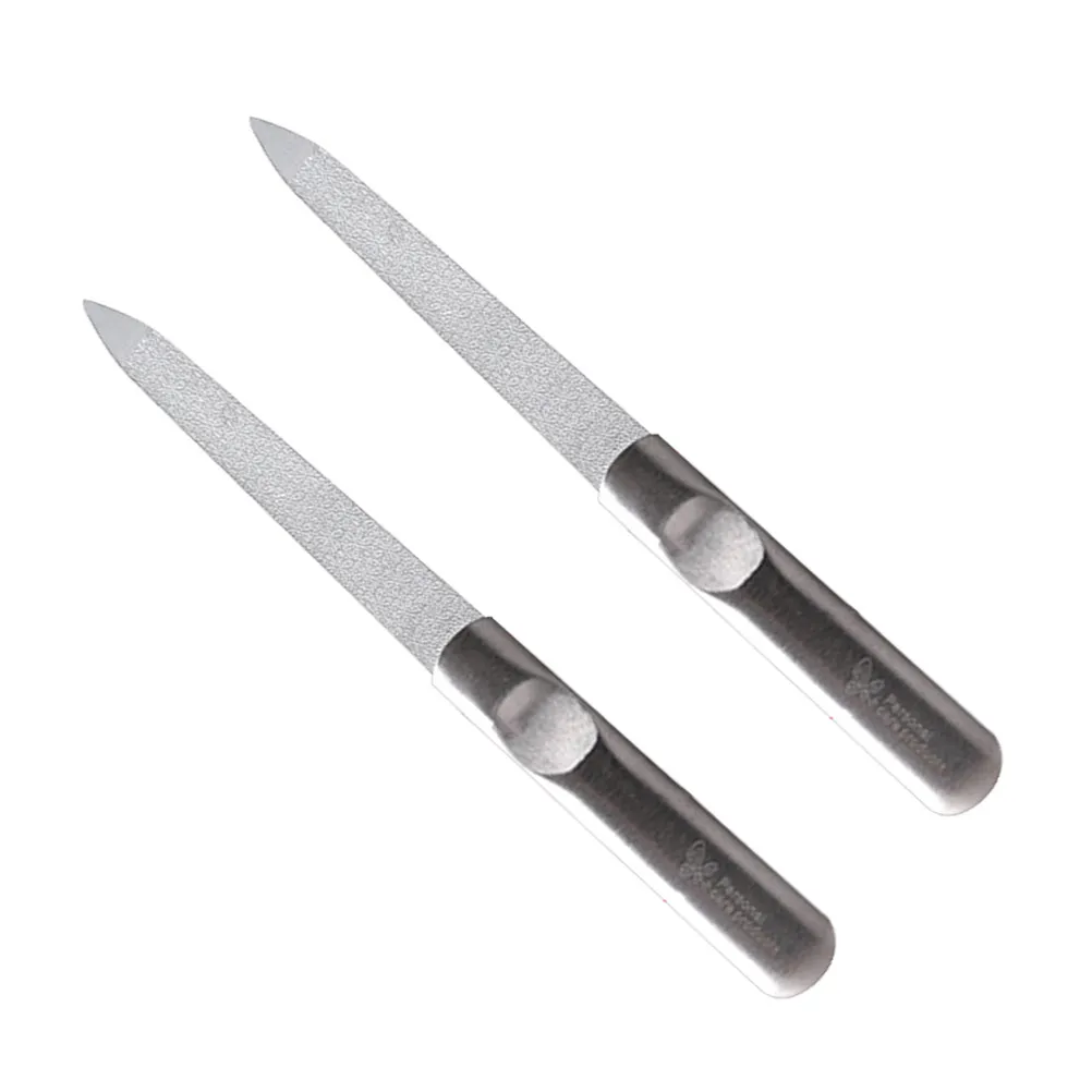 2Pcs Stainless Steel Nail File Metal Nail Buffer with Emery Stripe Smooth Polishing Surface Home Manicure Kit Non-Slip Grip