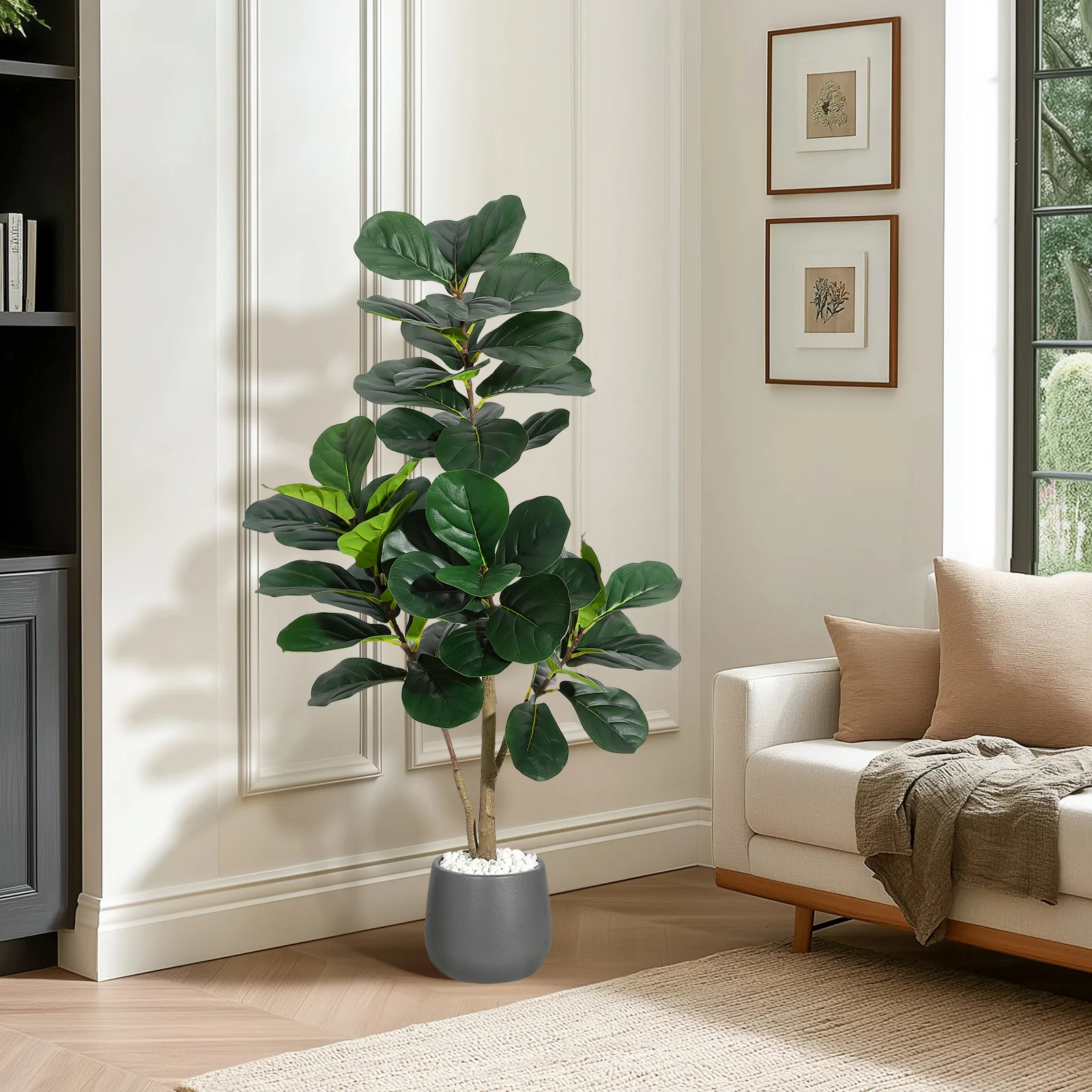 Ficus Lyrata Artificiel Réaliste - Faux Ficus Lyrata avec Pot Blanc pour Décoration Intérieure au Sol (Maison, Bureau)