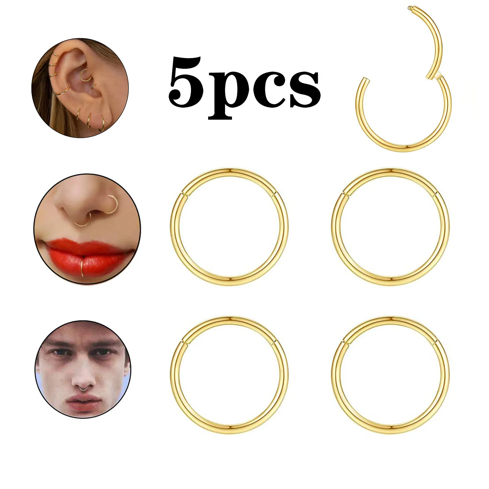 5Pcs Stainless Steel Earrings, Nose Ring Hoop Ear Helix Tragus Cartilage, Small Dia The Wire Diameter Is 1.2mm6.8.10.12mm