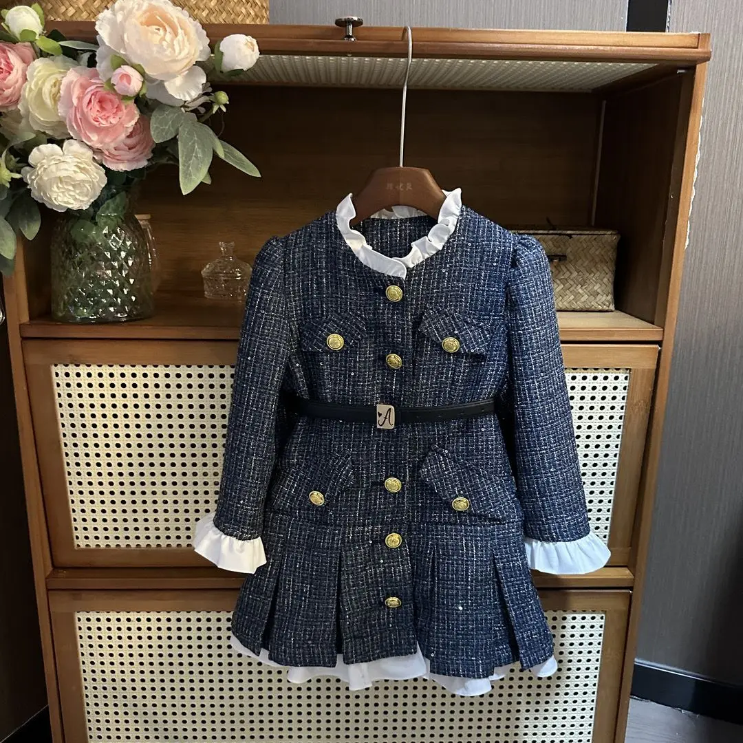 

Осенне-зимняя новинка: комплект одежды для девочек 2-10 лет с французским кружевом в виде листьев лотоса, платье с поясом, плиссированное, в стиле принцессы.