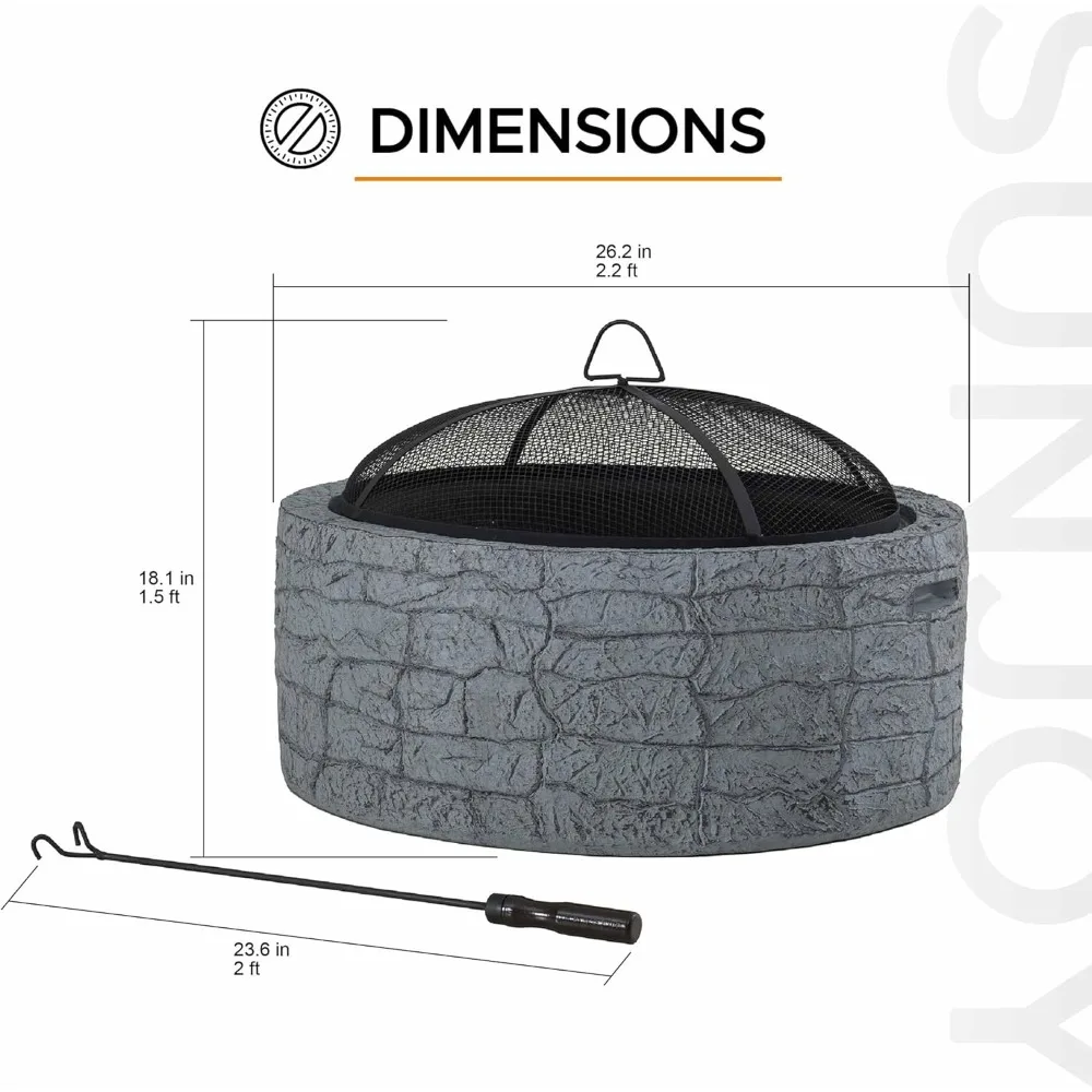 حفرة نار خارجية مستديرة باللون الرمادي الحجري بقطر 26 بوصة، وشاشة شرارة، وبوكر لحرق الخشب في الفناء #3