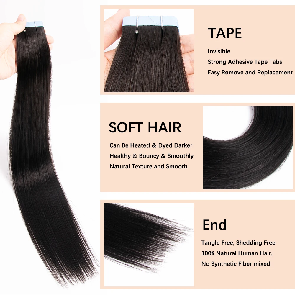 プレミアム100%ナチュラル人毛テープエクステ レミーブラジリアンヘア インビジブルスキンウェフト 20枚/パック 14～24インチ 40/50g