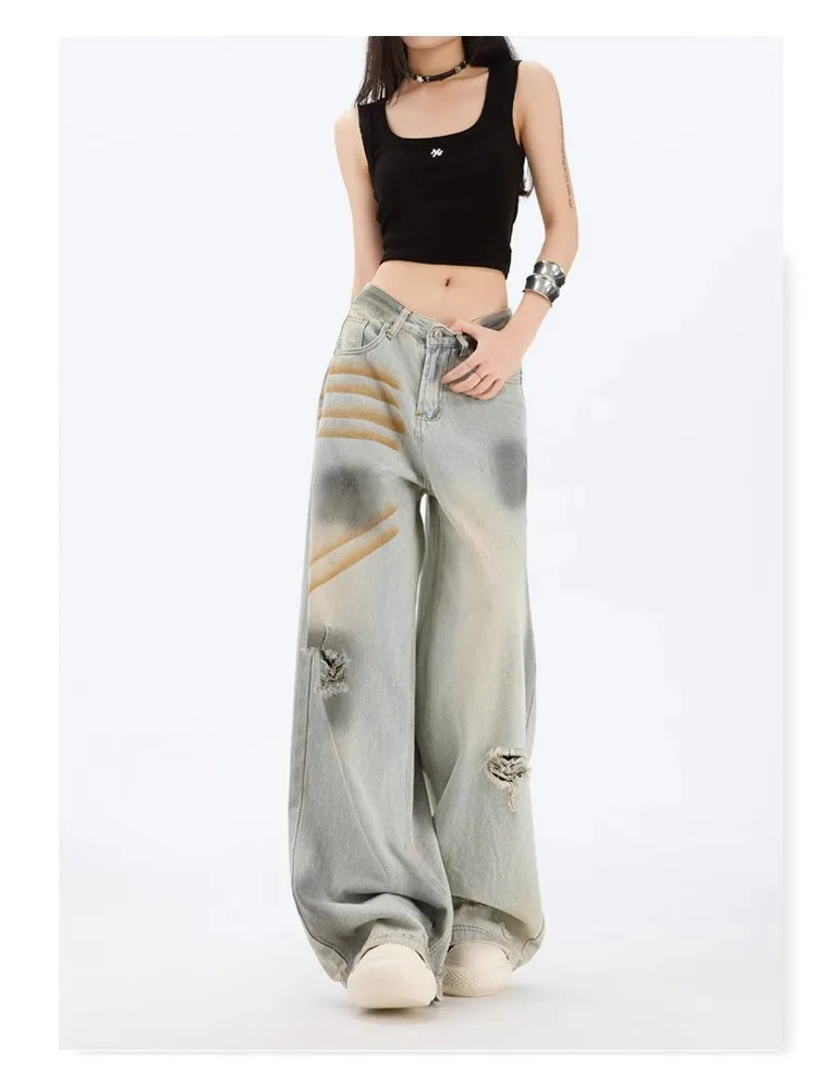 

Women's Tie-dyed Old Yellow Mud Ripped Jeans Y2k American Autumn New High Street Loose And Fashionable Wide-Leg 2025 Floor Pants