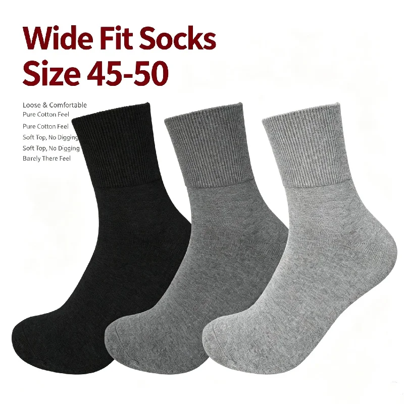 5 Pairs Plus Size Men Cotton Crew Socks EU 45-50 Wide Loose Top High Elastic Comfort Casual Socks 3 Colors