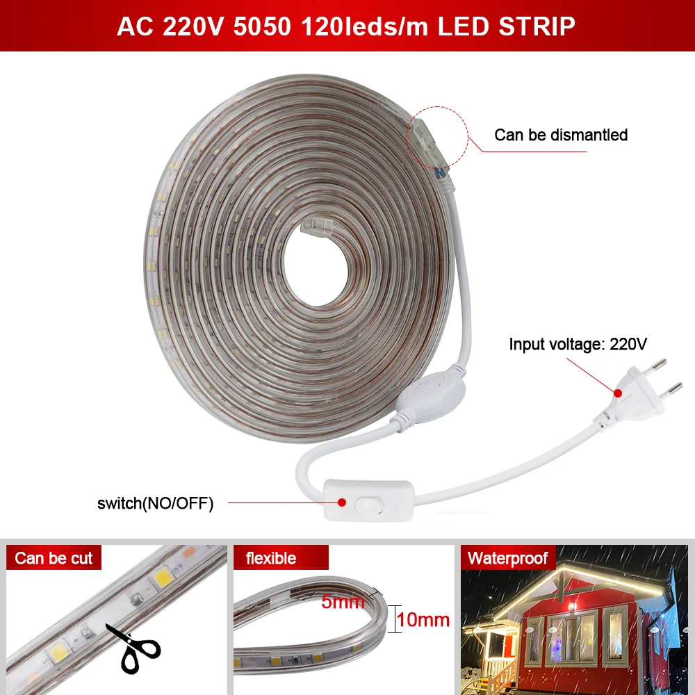 庭の装飾用の防水LEDストリップライト,柔軟なリボン,暖かい白,青,smd 5050, AC 220v