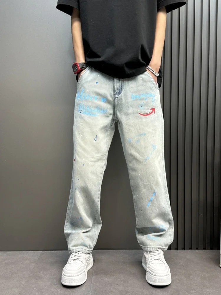 

Men's Spring 2025 New American Retro fiti Print Loose Straight Leg Casual Long Jeans Breathable Cotton Denim Wide Leg Pants