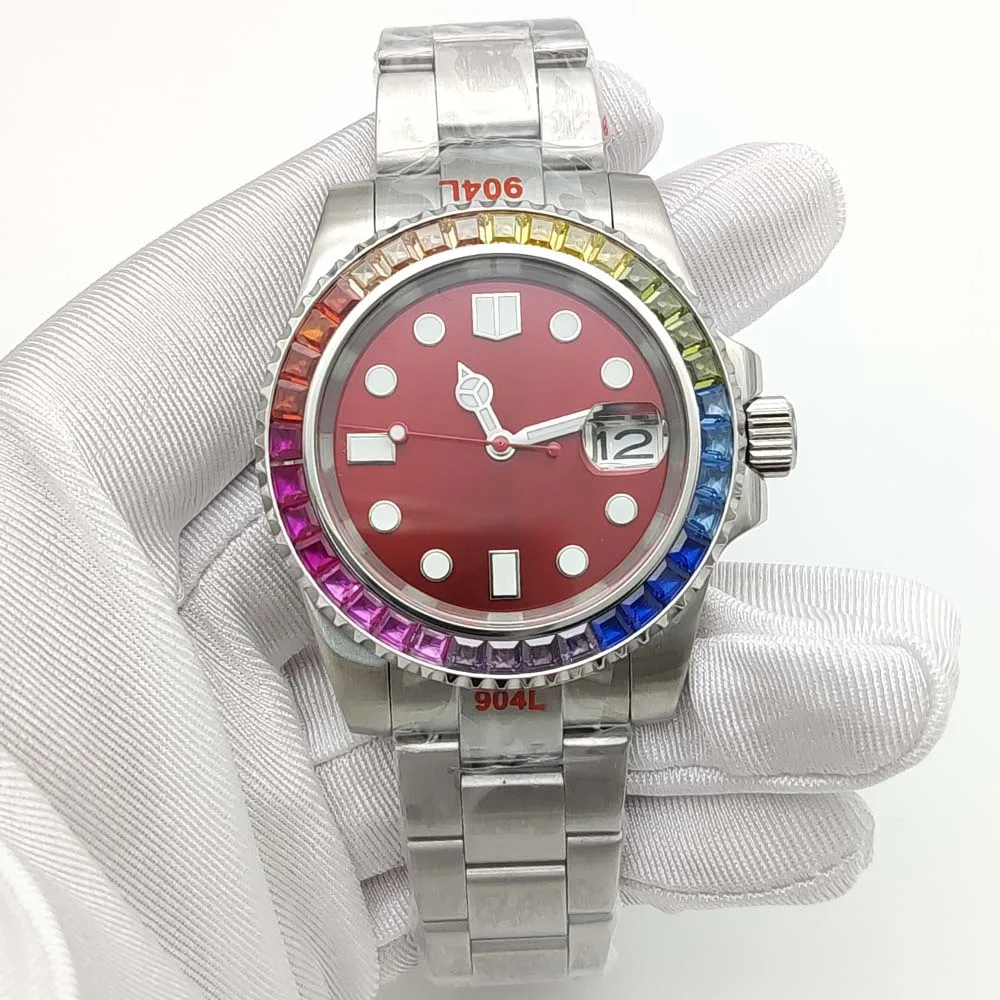 40mm china NH35 Stylish Watch colored diamonds Case Sapphire Glass Stainless Steel Strap Waterproof Calendar Display