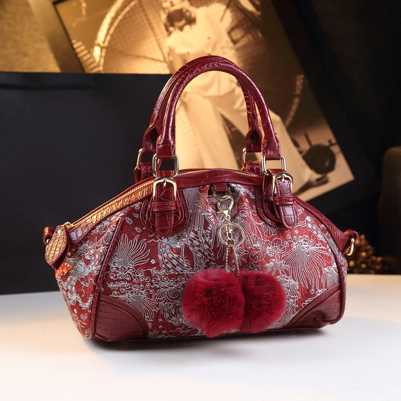 2026 Large Capacity Leather Women Bag  New Crossbody Handbags Tassel Ball Portable Dumpling Bag Embroidery Hobo Retro Mom Bags