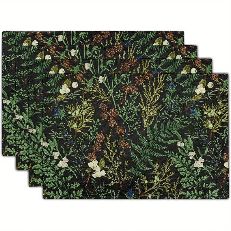 4pcs Green Leaves Placemats Botanical Fern Leaf Floral Place Mats Washable Kitchen Dining Spring Summer Black Linen Table Mats